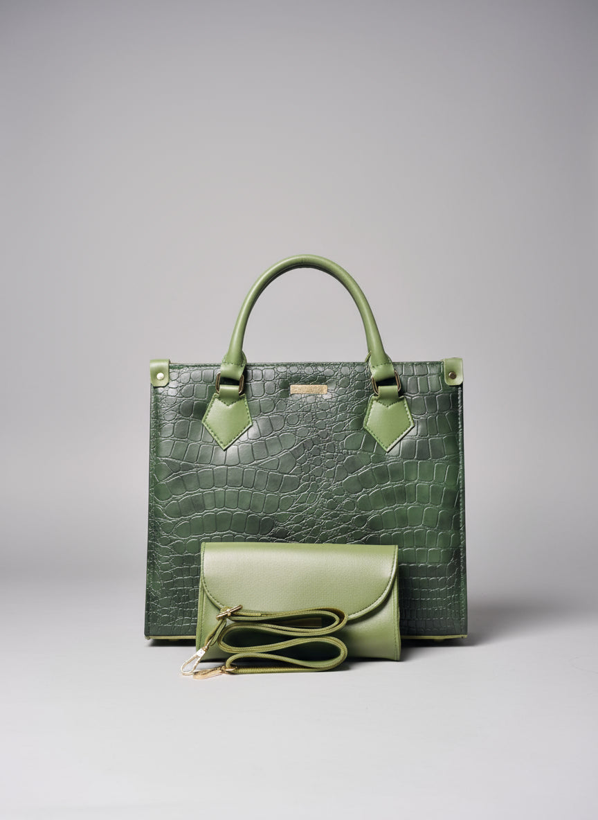 Croc Textured Tote & Clutch Set β Stylish in Green