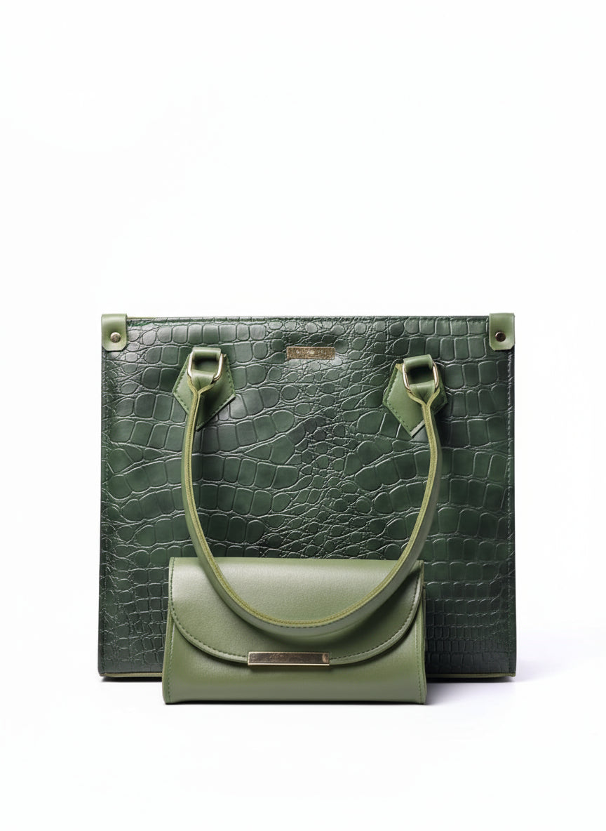 Croc Textured Tote & Clutch Set β Stylish in Green