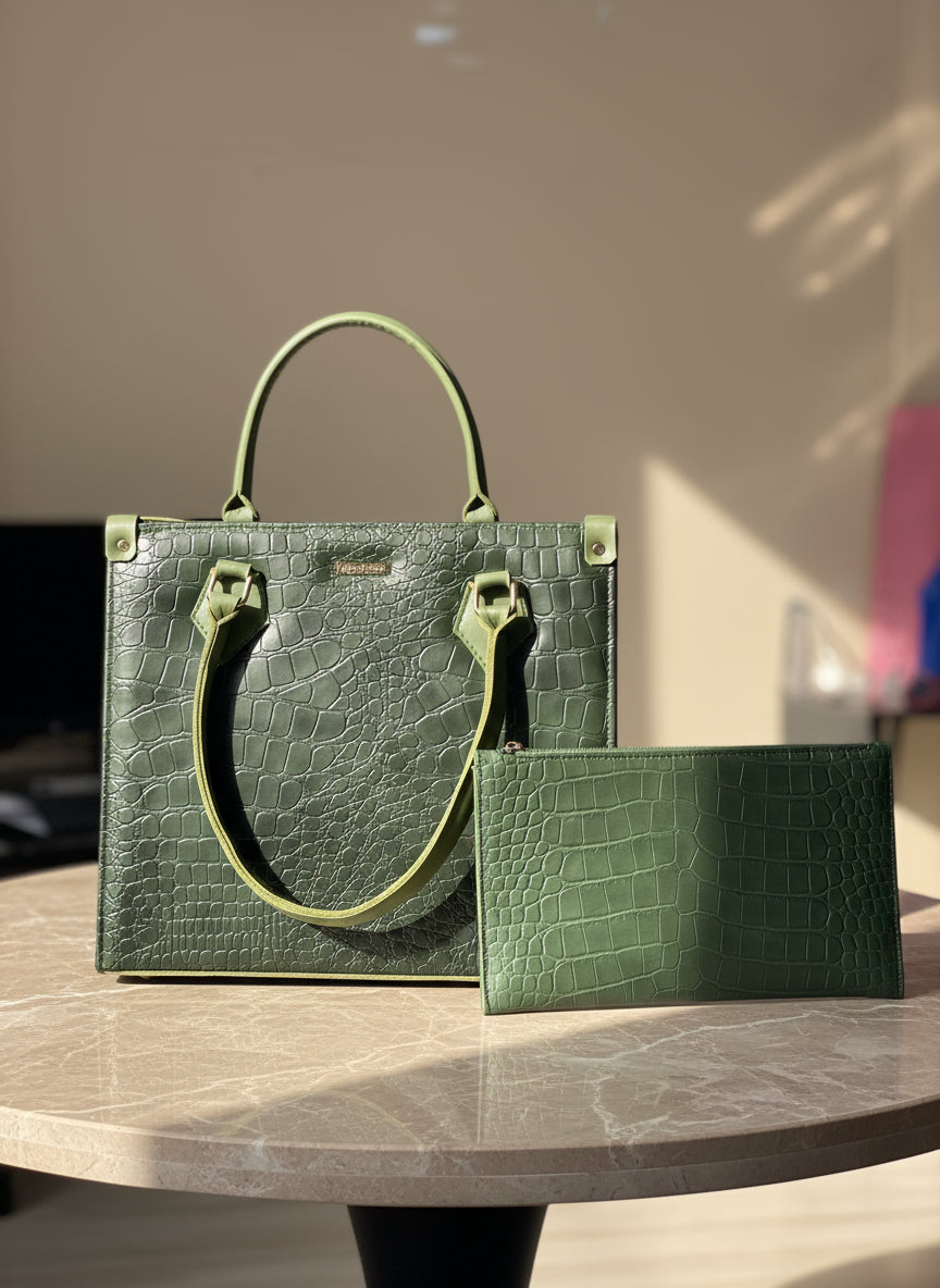 Croc Textured Tote & Clutch Set β Stylish in Green