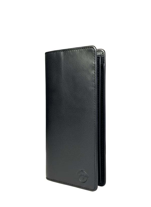 Black leather wallet on a gray background