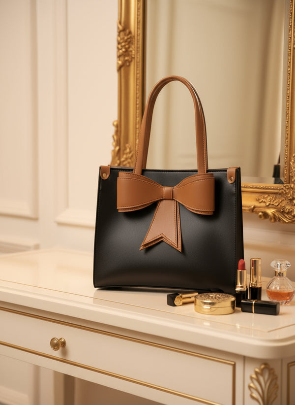 Chic Bow Elegance Handbag – Black & Caramel Edition