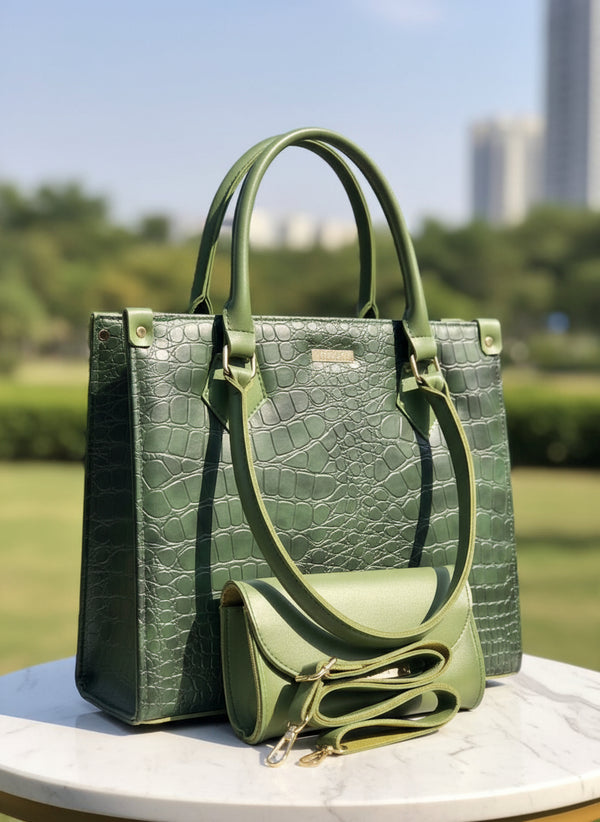 Croc Textured Tote & Clutch Set – Stylish in Green