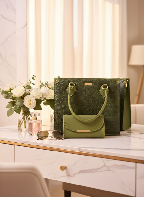 Croc Textured Tote & Clutch Set – Stylish in Green