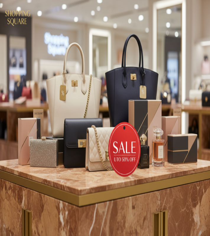 make a picture for shoping square brand that show the sale of bags and perfumes width 980 height 1060