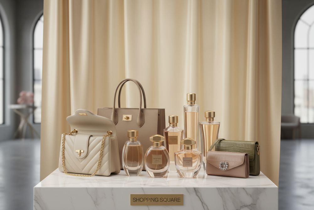 shopping square brand image that is selling perfume and bags